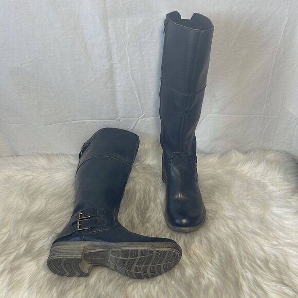 Clarks Black Pebbled Leather Knee High Boots Sz 5 - Picture 1 of 7